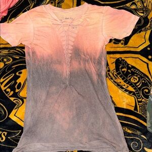 Womens affliction Pink and Gray Ombre Lace-Up Short Sleeve Tee